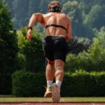 Runner on an outdoor track wearing SpiroFit headgear and a heart rate chest strap